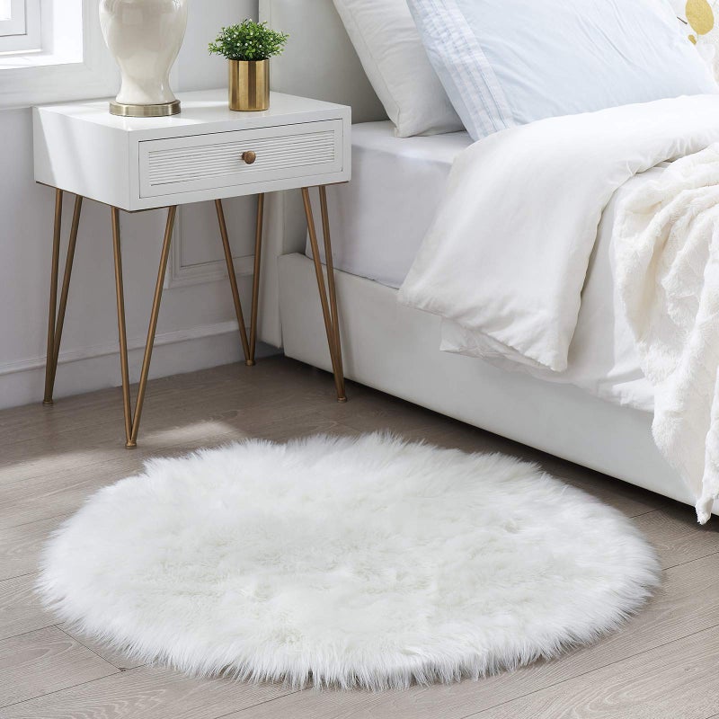 Ciicool Round Fur Fluffy Area Rug for Bedroom, White Faux Fur Rugs Furry Circle Rug for Kids Room, Cute Furry Nursery Carpet, Plush Shag Circular Rugs Floor Carpets for Teen Girl Room, 3x3 Ft - Image 2
